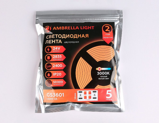 Светодиодная лента двухрядная Ambrella Light LED Strip 24В 2835 20Вт/м 3000K 5м IP20 GS3601 Светодиодная лента двухрядная Ambrella Light LED Strip 24В 2835 20Вт/м 3000K 5м IP20 GS3601