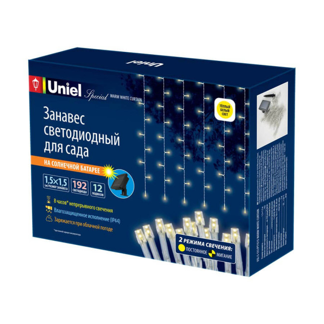Гирлянда на солнечных батареях (UL-00006538) Uniel Занавес USL-S-131/PT1515 Warm White Curtain