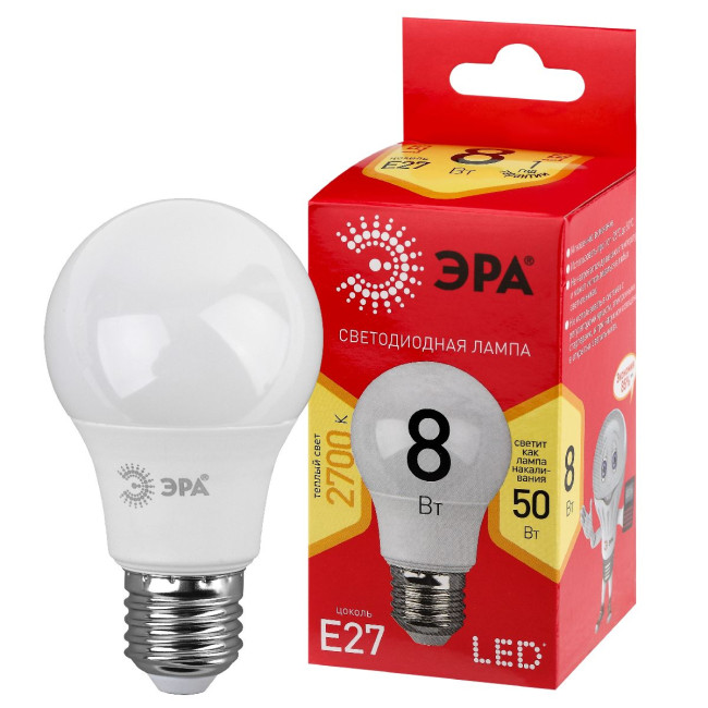 Лампа светодиодная Эра E27 8W 2700K LED A55-8W-827-E27 R Б0052659
