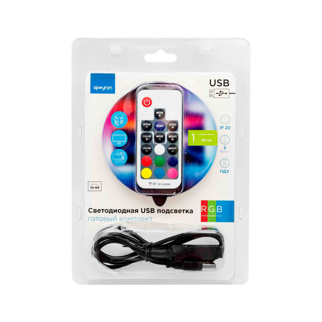 ТВ подсветка, комплект светодиодной ленты Apeyron 5В 5050 7,2Вт/м RGB 0,5м IP20 10-69 ТВ подсветка, комплект светодиодной ленты Apeyron 5В 5050 7,2Вт/м RGB 0,5м IP20 10-69