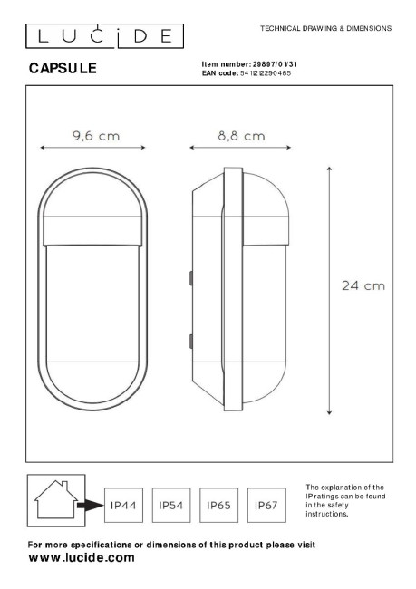 Уличный настенный светильник Lucide Capsule 29897/01/31 Уличный настенный светильник Lucide Capsule 29897/01/31