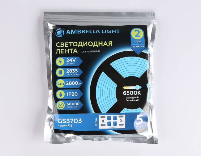 Светодиодная лента двухрядная Ambrella Light LED Strip 24В 2835 24Вт/м 6500K 5м IP20 GS3703 Светодиодная лента двухрядная Ambrella Light LED Strip 24В 2835 24Вт/м 6500K 5м IP20 GS3703