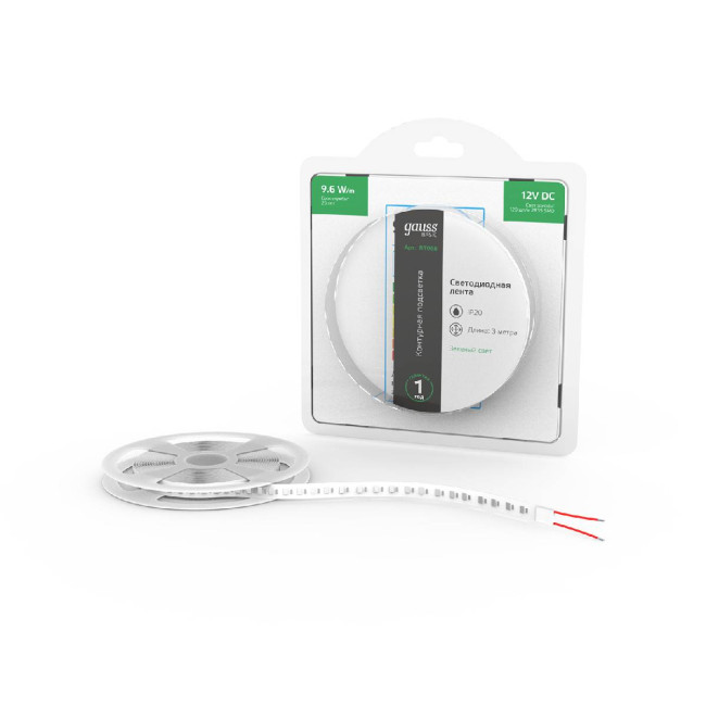 Светодиодная лента Gauss Basic 12В 2835 9,6Вт/м зеленый 3м IP20 BT068 Светодиодная лента Gauss Basic 12В 2835 9,6Вт/м зеленый 3м IP20 BT068