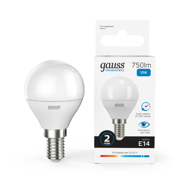 Лампа светодиодная Gauss E14 10W 6500K шар матовый 53130 Лампа светодиодная Gauss E14 10W 6500K шар матовый 53130