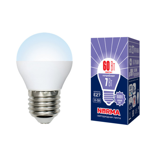 Лампа светодиодная (UL-00003821) Volpe E27 7W 6500K матовая LED-G45-7W/DW/E27/FR/NR Лампа светодиодная (UL-00003821) Volpe E27 7W 6500K матовая LED-G45-7W/DW/E27/FR/NR