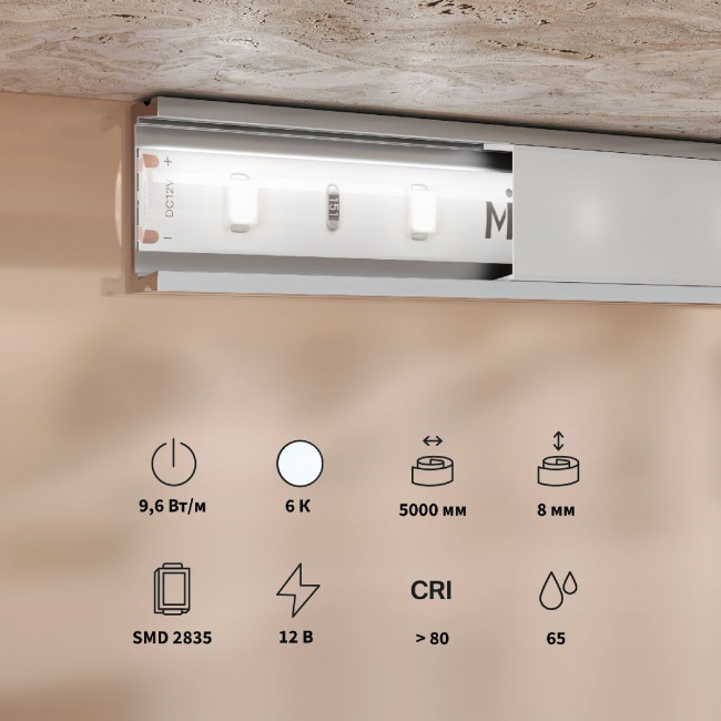 Светодиодная лента Maytoni Base 12В 2835 9,6Вт/м 6000K 5м IP65 201176 Светодиодная лента Maytoni Base 12В 2835 9,6Вт/м 6000K 5м IP65 201176