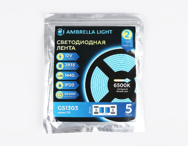 Светодиодная лента Ambrella Light Led Strip 12V Illumination 2835 14,4Вт/м 6500K 5м IP20 GS1313 Светодиодная лента Ambrella Light Led Strip 12V Illumination 2835 14,4Вт/м 6500K 5м IP20 GS1313
