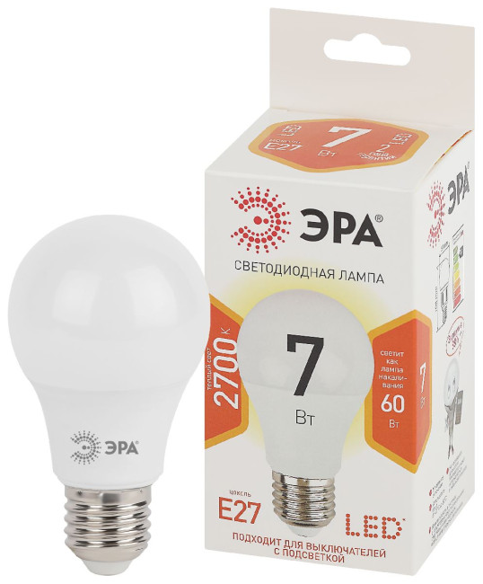 Лампа светодиодная Эра E27 7W 2700K LED A60-7W-827-E27 Б0029819 Лампа светодиодная Эра E27 7W 2700K LED A60-7W-827-E27 Б0029819