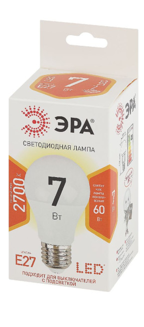 Лампа светодиодная Эра E27 7W 2700K LED A60-7W-827-E27 Б0029819 Лампа светодиодная Эра E27 7W 2700K LED A60-7W-827-E27 Б0029819