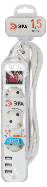 Удлинитель электрический Эра U-3es-1,5m-USB Б0052900