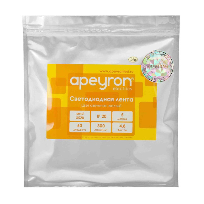 Светодиодная лента Apeyron 12В 3528 4,8Вт/м желтый 5м IP20 00-433 Светодиодная лента Apeyron 12В 3528 4,8Вт/м желтый 5м IP20 00-433
