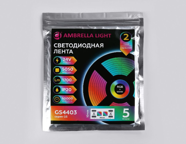 Светодиодная лента Ambrella Light LED Strip 24В 5050 10Вт/м RGBW+6500K 5м IP20 GS4403 Светодиодная лента Ambrella Light LED Strip 24В 5050 10Вт/м RGBW+6500K 5м IP20 GS4403