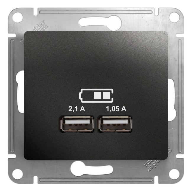 Розетка USB 5В/2,1А, 2х5В/1,05А Systeme Electric Glossa Антрацит GSL000733 Розетка USB 5В/2,1А, 2х5В/1,05А Systeme Electric Glossa Антрацит GSL000733