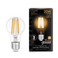 Лампа светодиодная филаментная Gauss E27 20W 2700K груша прозрачная 102902120 Лампа светодиодная филаментная Gauss E27 20W 2700K груша прозрачная 102902120