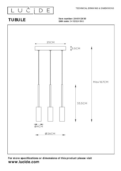Подвесной светильник Lucide Tubule 24401/21/30