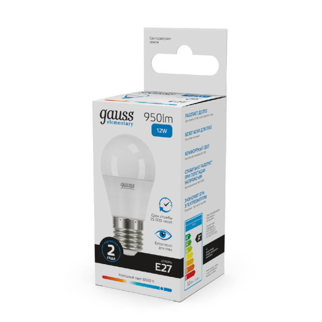 Лампа светодиодная Gauss E27 12W 6500K шар матовый 53232