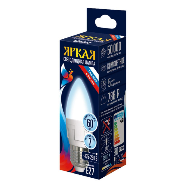 Лампа светодиодная Uniel LED-C37 7W/6500K/E27/FR PLP01WH UL-00011015 Лампа светодиодная Uniel LED-C37 7W/6500K/E27/FR PLP01WH UL-00011015