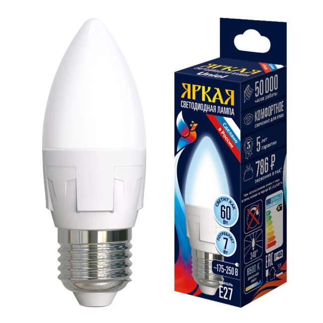 Лампа светодиодная Uniel LED-C37 7W/6500K/E27/FR PLP01WH UL-00011015 Лампа светодиодная Uniel LED-C37 7W/6500K/E27/FR PLP01WH UL-00011015