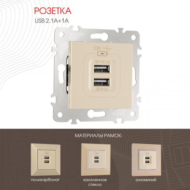 Розетка USB 2.1А+1А Arte Milano 203.46-1.shampan Розетка USB 2.1А+1А Arte Milano 203.46-1.shampan