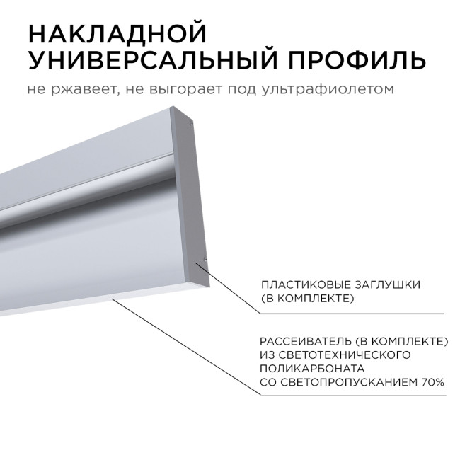 Профиль накладной Apeyron ширина ленты до 12мм (рассеиватель, заглушки - 2шт) 08-43