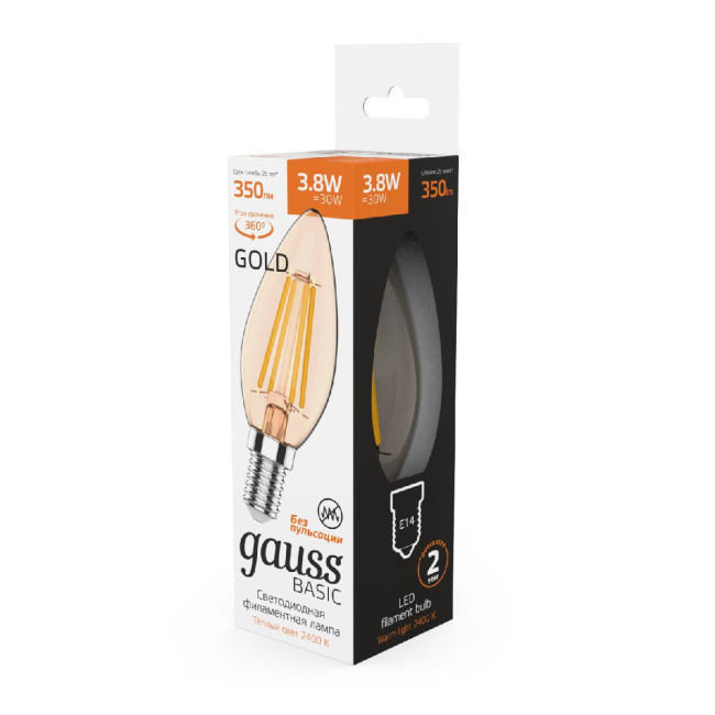 Светодиодная филаментная лампа Gauss Basic Filament E14 3,8W 2400K 1037154 Светодиодная филаментная лампа Gauss Basic Filament E14 3,8W 2400K 1037154