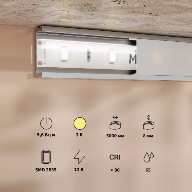 Светодиодная лента Maytoni Base 12В 2835 9,6Вт/м 3000K 5м IP65 201174 Светодиодная лента Maytoni Base 12В 2835 9,6Вт/м 3000K 5м IP65 201174