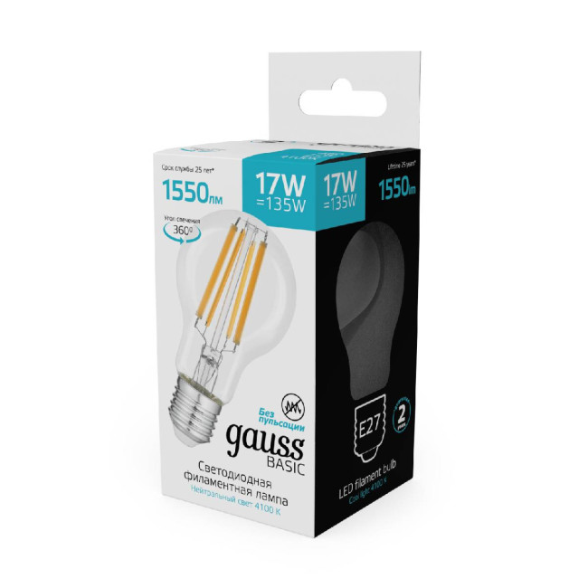 Светодиодная филаментная лампа Gauss Basic Filament E27 17W 4100K 10212272 Светодиодная филаментная лампа Gauss Basic Filament E27 17W 4100K 10212272