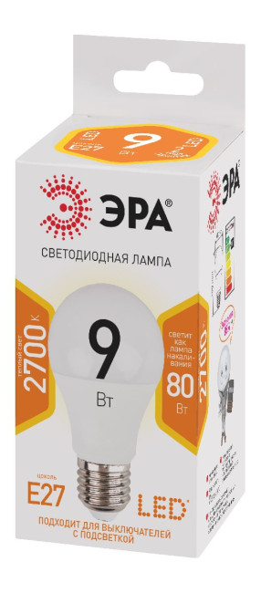 Лампа светодиодная Эра E27 9W 2700K LED A60-9W-827-E27 Б0032246 Лампа светодиодная Эра E27 9W 2700K LED A60-9W-827-E27 Б0032246