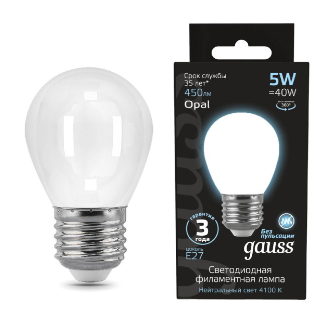 Лампа светодиодная филаментная Gauss E27 5W 4100К матовая 105202205 Лампа светодиодная филаментная Gauss E27 5W 4100К матовая 105202205
