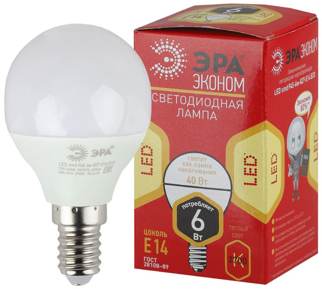 Лампа светодиодная Эра E14 6W 2700K ECO LED P45-6W-827-E14 Б0020626 Лампа светодиодная Эра E14 6W 2700K ECO LED P45-6W-827-E14 Б0020626