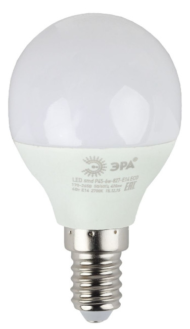 Лампа светодиодная Эра E14 6W 2700K ECO LED P45-6W-827-E14 Б0020626 Лампа светодиодная Эра E14 6W 2700K ECO LED P45-6W-827-E14 Б0020626