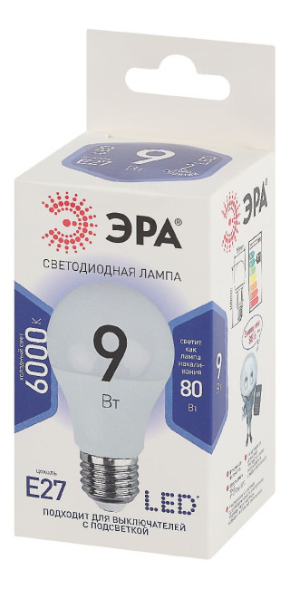 Лампа светодиодная Эра E27 9W 6000K LED A60-9W-860-E27 Б0032248
