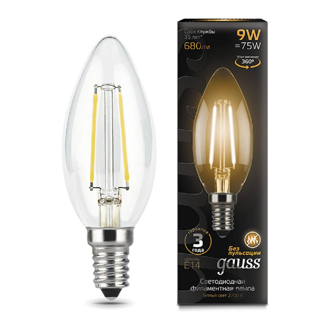 Лампа светодиодная филаментная Gauss E14 9W 2700К прозрачная 103801109 Лампа светодиодная филаментная Gauss E14 9W 2700К прозрачная 103801109