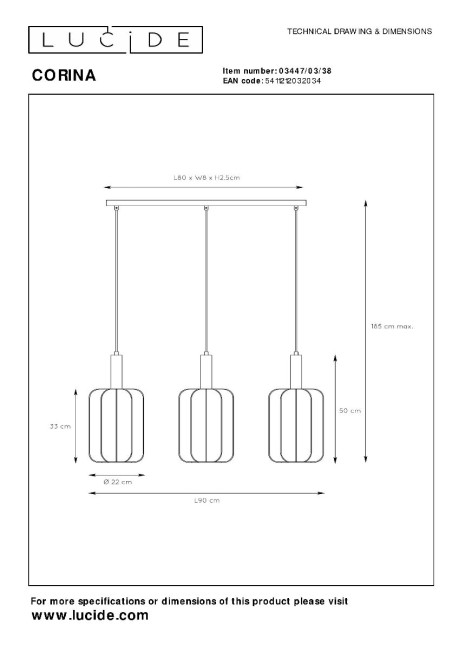 Подвесной светильник Lucide Corina 03447/03/38 Подвесной светильник Lucide Corina 03447/03/38