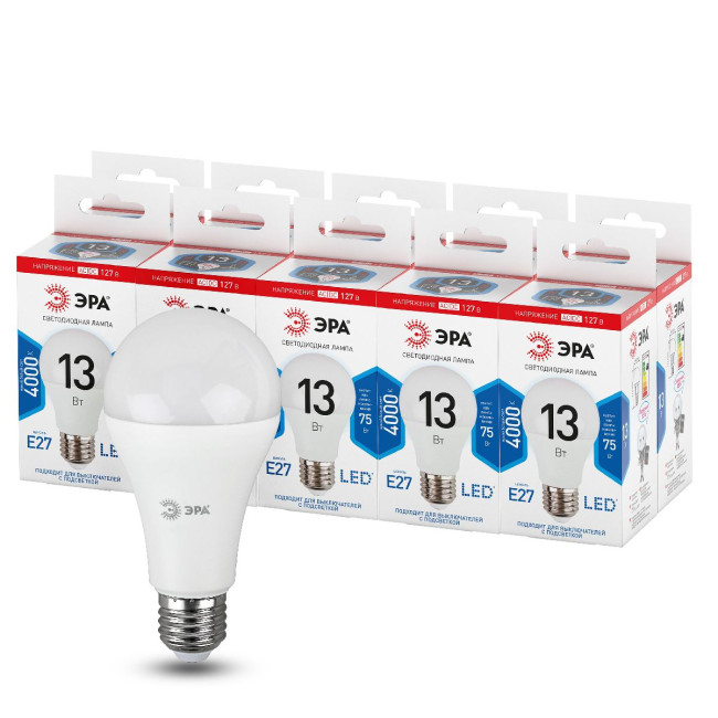 Лампа светодиодная Эра E27 13W 4000K LED A60-13W-127V-840-E27 Б0049101