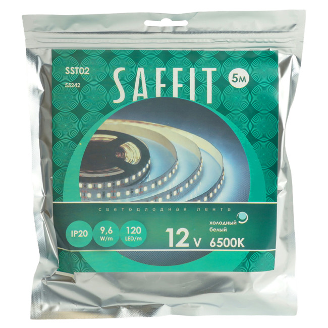 Светодиодная лента Saffit SST02 12В 9,6Вт/м 6500К 5м IP20 55242