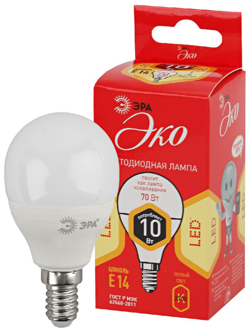 Лампа светодиодная Эра E14 10W 2700K ECO LED P45-10W-827-E14 Б0032968 Лампа светодиодная Эра E14 10W 2700K ECO LED P45-10W-827-E14 Б0032968