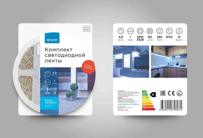 Комплект светодиодной ленты Apeyron 12В 48Вт/м smd 3528 60 д/м IP20 1м 6500К (блок, коннектор) 10-65 Комплект светодиодной ленты Apeyron 12В 48Вт/м smd 3528 60 д/м IP20 1м 6500К (блок, коннектор) 10-65