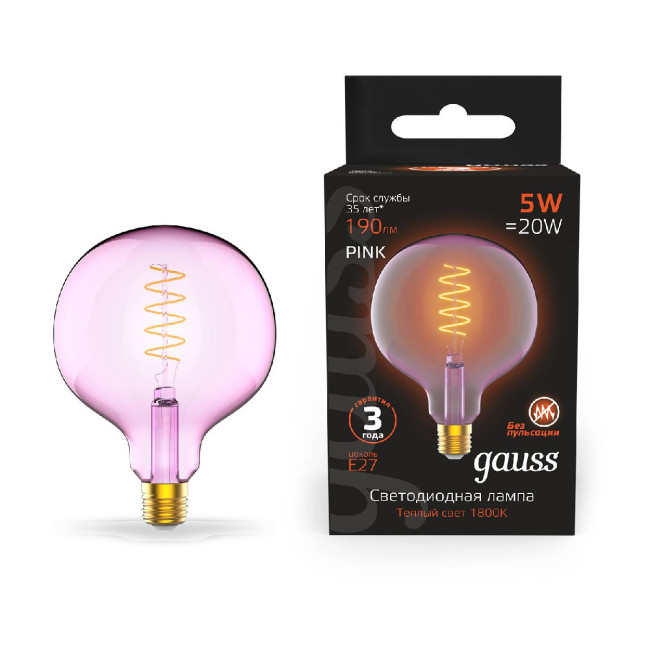 Лампа светодиодная диммируемая филаментная Gauss E27 5W 1800K шар розовый 1011802105 Лампа светодиодная диммируемая филаментная Gauss E27 5W 1800K шар розовый 1011802105