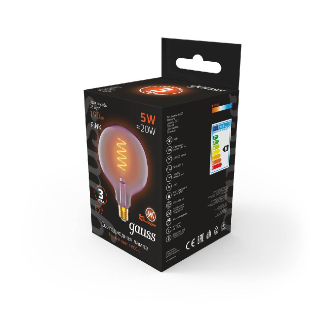 Лампа светодиодная диммируемая филаментная Gauss E27 5W 1800K шар розовый 1011802105 Лампа светодиодная диммируемая филаментная Gauss E27 5W 1800K шар розовый 1011802105
