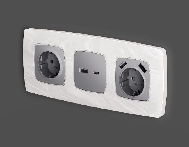 Лицевая панель для розетки с/з со шторками 2USB A+A Ambrella Volt Omega OP5090 Лицевая панель для розетки с/з со шторками 2USB A+A Ambrella Volt Omega OP5090
