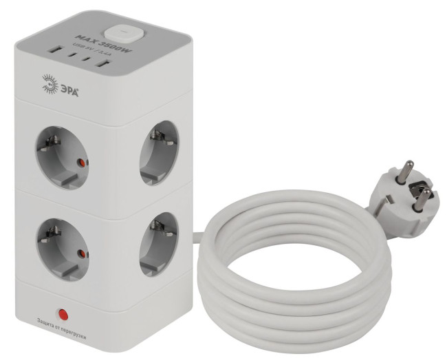 Сетевой фильтр ЭРА TWR-8es-1,5m-4USB-W башня с защитой заземлением с выключателем 8 розеток+4xUSBA+C 1,5м 16А белый Б0069071 Сетевой фильтр ЭРА TWR-8es-1,5m-4USB-W башня с защитой заземлением с выключателем 8 розеток+4xUSBA+C 1,5м 16А белый Б0069071
