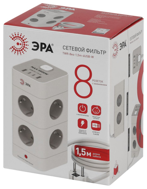 Сетевой фильтр ЭРА TWR-8es-1,5m-4USB-W башня с защитой заземлением с выключателем 8 розеток+4xUSBA+C 1,5м 16А белый Б0069071 Сетевой фильтр ЭРА TWR-8es-1,5m-4USB-W башня с защитой заземлением с выключателем 8 розеток+4xUSBA+C 1,5м 16А белый Б0069071