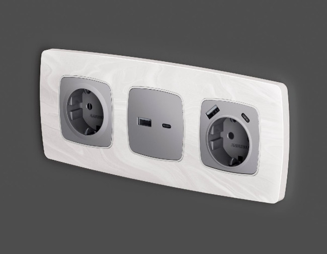 Лицевая панель для розетки с/з со шторками 2USB A+C Ambrella Volt Omega OP5100 Лицевая панель для розетки с/з со шторками 2USB A+C Ambrella Volt Omega OP5100