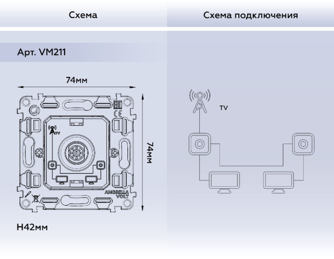 Механизм TV розетки проходной 5-1000 MHz 4dB Ambrella Volt Quant VM211 Механизм TV розетки проходной 5-1000 MHz 4dB Ambrella Volt Quant VM211