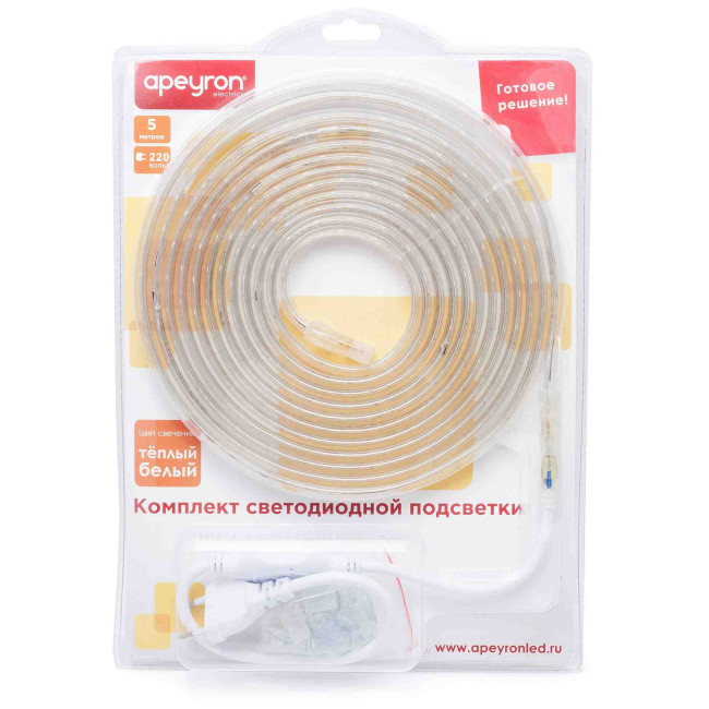 Комплект светодиодной ленты Apeyron 220В 4,8Вт/м smd3528/2835 60д/м IP65 300Лм/м 5м 3000К (сетевой шнур, заглушка, крепежи)  10-05 Комплект светодиодной ленты Apeyron 220В 4,8Вт/м smd3528/2835 60д/м IP65 300Лм/м 5м 3000К (сетевой шнур, заглушка, крепежи)  10-05