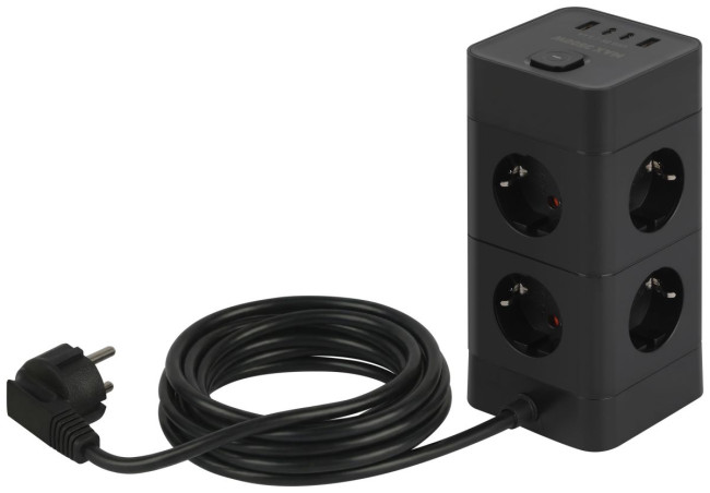 Сетевой фильтр ЭРА TWR-8es-1,5m-4USB-B башня с защитой заземлением с выключателем 8 розеток+4xUSBA+C 1,5м 16А черный Б0069072