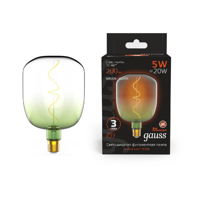 Лампа светодиодная филаментная Gauss E27 5W 1800K зеленая 1009802105 Лампа светодиодная филаментная Gauss E27 5W 1800K зеленая 1009802105