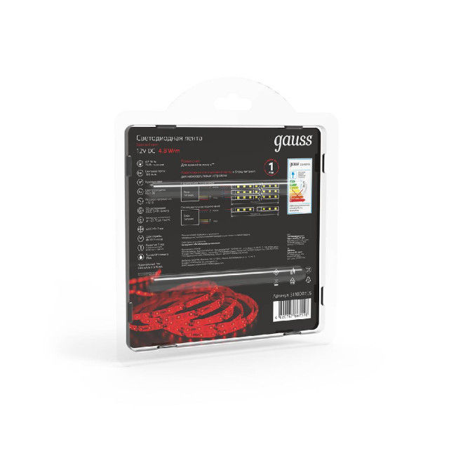 Светодиодная влагозащищенная лента Gauss 4,8W/m 60LED/m 2835SMD красный 5M 311000705 Светодиодная влагозащищенная лента Gauss 4,8W/m 60LED/m 2835SMD красный 5M 311000705