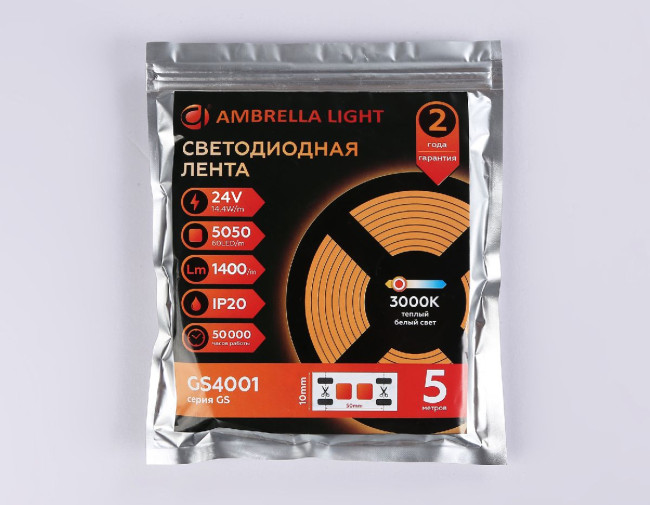 Светодиодная лента Ambrella Light Illumination 24В 5050 14,4Вт/м 3000K 5м IP20 GS4001 Светодиодная лента Ambrella Light Illumination 24В 5050 14,4Вт/м 3000K 5м IP20 GS4001